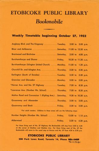 One page timetable for bookmobile service. 