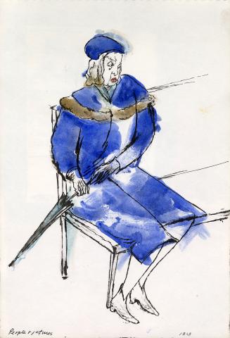 An ink and watercolour illustration of a woman sitting on a high-backed bench. She is wearing a ...