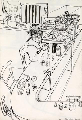 An ink illustration of a person sitting at the counter of a diner, with a soft drink machine on ...