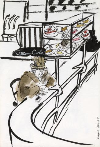An ink and watercolour illustration of a person sitting at the counter of a diner, with a soft  ...