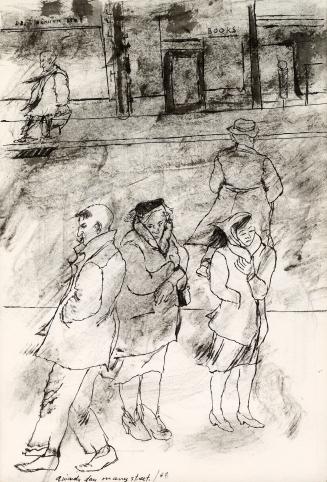 An ink and pencil illustration of five people standing or walking on city sidewalks and a stree ...