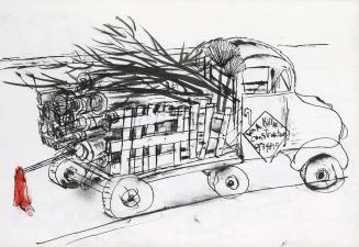 An ink and watercolour illustration of a flatbed truck with fencing on the sides of the bed hol ...