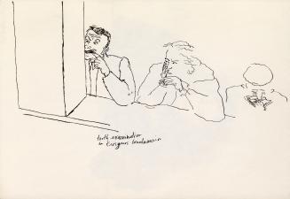 An ink illustration of a three people sitting at the counter of a diner. The person on the left ...