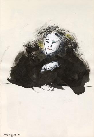 An ink and watercolour illustration of a person sitting at a counter. They have long wavy hair  ...