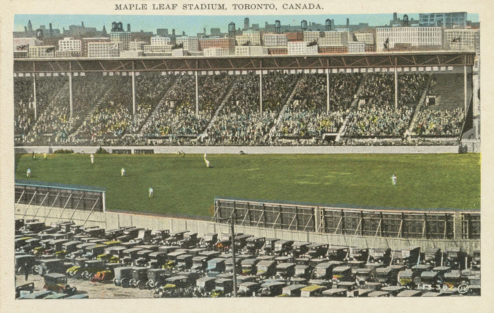 Colorized photograph of players on a baseball field taken from the stands.