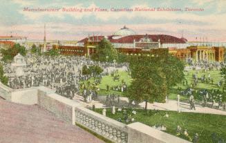 Colorized photograph of exhibition buildings set on vast acres of grounds with huge crowds of p ...