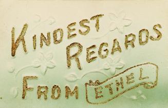 Greeting is embossed on green stock and the letters are glittered.