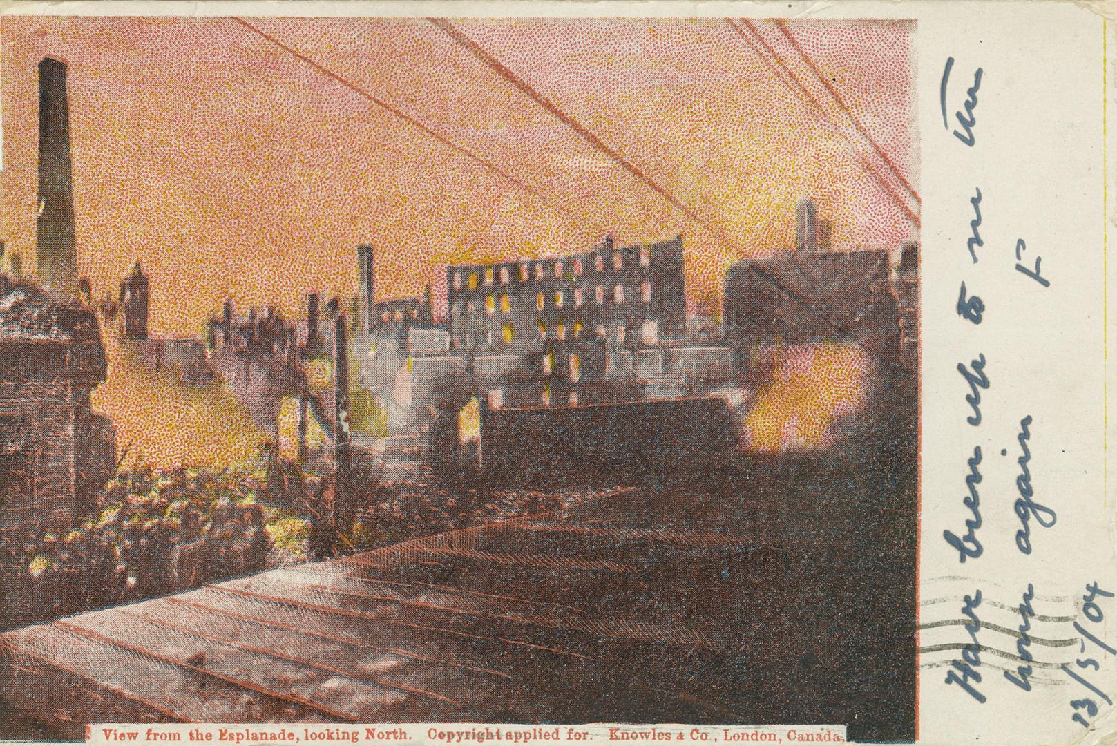 Colour postcard depicting firefighters attempting to extinguish the 1904 fire of Toronto amid a…
