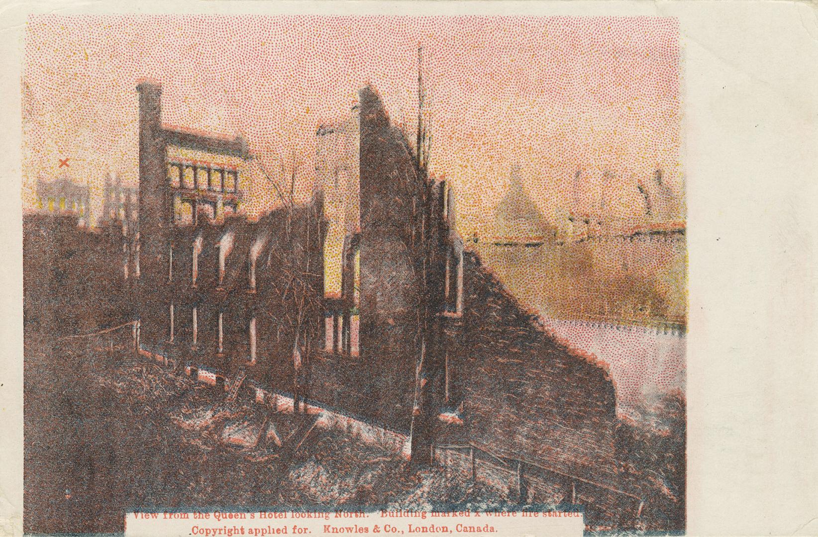 Black and white photo postcard with red filter depicting the damage caused by the 1904 fire of  ...