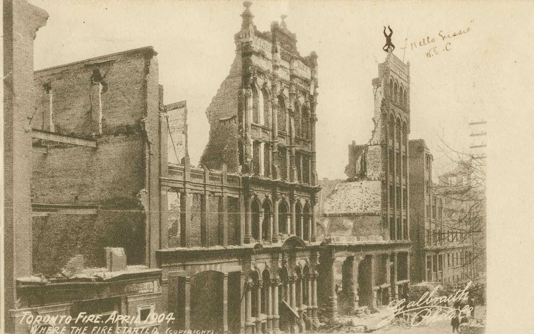 Black and white photo postcard depicting a row of buildings damaged by the 1904 fire of Toronto ...
