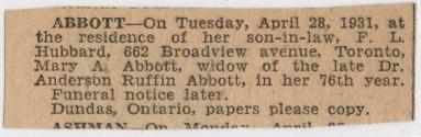 newspaper clipping of obituary for Mary Ann Abbott