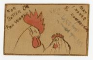 Picture shoes and rooster and a hen looking at each other.