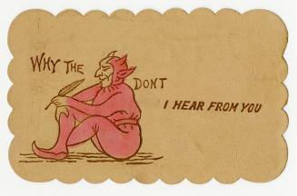 Picture of a sitting devil holding a quill pen.
