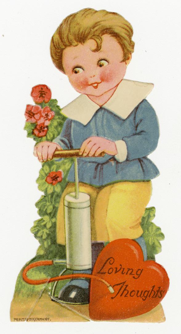 A child with air pump attached to heart is pictured. Red flowers are in background. Printed in  ...