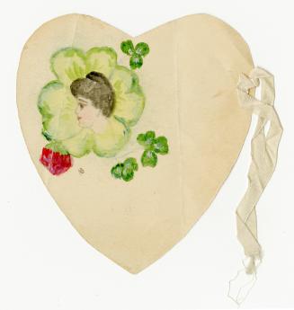 A handmade heart with a watercolour portrait of woman's face in profile near the centre. She is ...