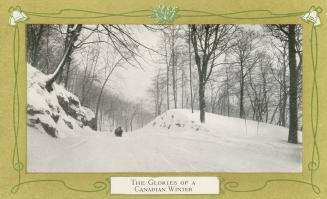 Black and white photograph of a horse drawn sleigh in a snowy, wooded area. Pictures is framed  ...