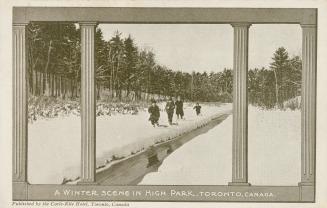 Black and white photograph of a freshly plowed path through a snowy, wooded area. Pictures is f ...