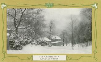 Black and white photograph of a house and outbuildings in a snowy, wooded area. Pictures is fra ...