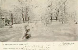 Colorized photograph of a snowy wooded area.