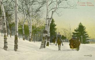 Colorized photograph with a man riding a horse beside a sleigh full of people in a snow covered ...
