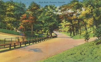Colorized photograph of pathways with fences meandering through a wooded park.