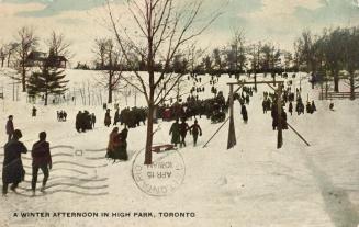 Colorized photograph of a large group of people walking in a wooded area in the snow.