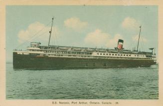 Colour postcard depicting an illustration of a large steamship with caption, "S.S. Noronic, Por…