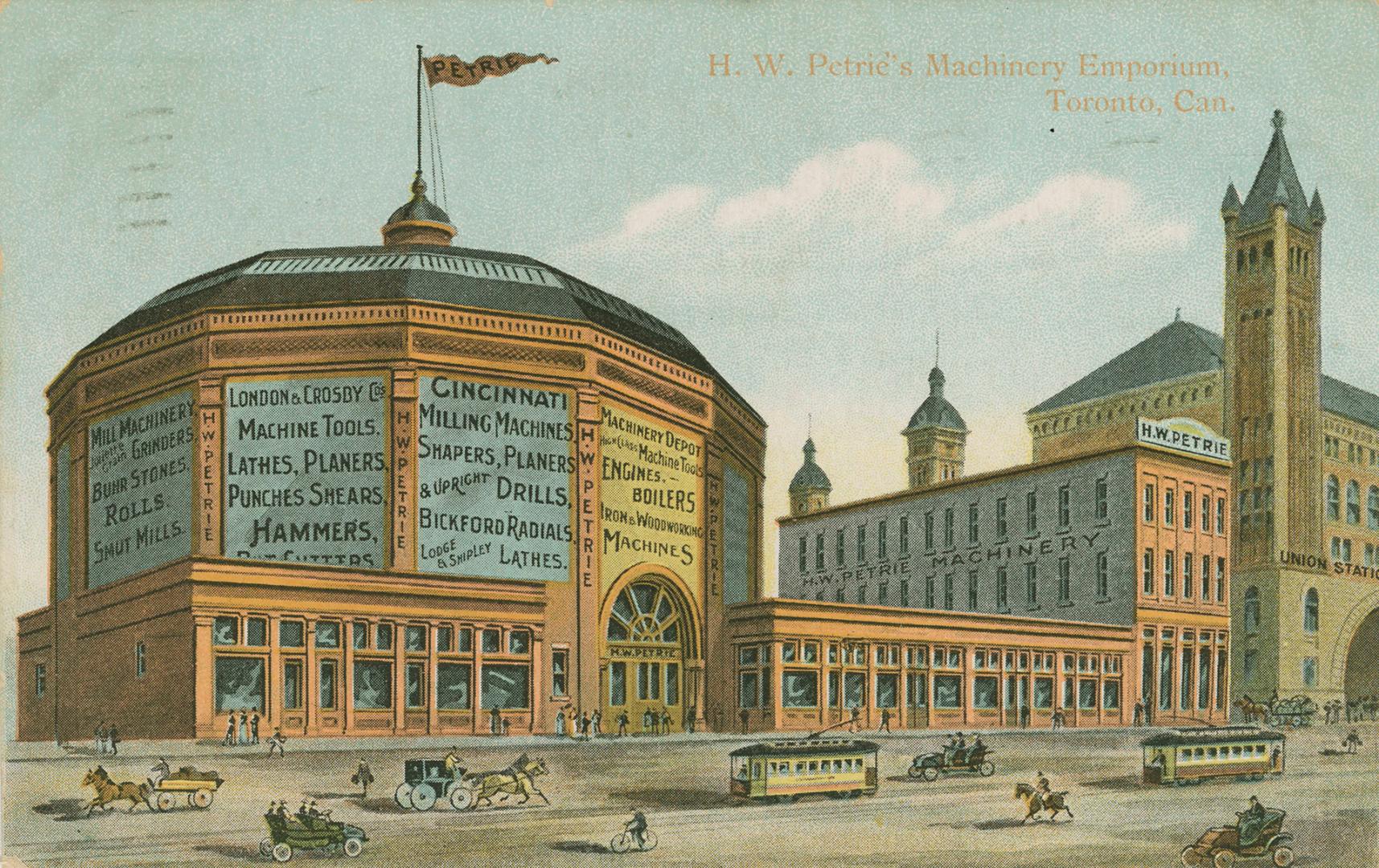 Colour postcard depicting an illustration of a wide building with large signs on Front St. besi ...