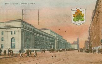 Colour postcard depicting an illustration of Union station, bordered by an unpaved Front St. W. ...