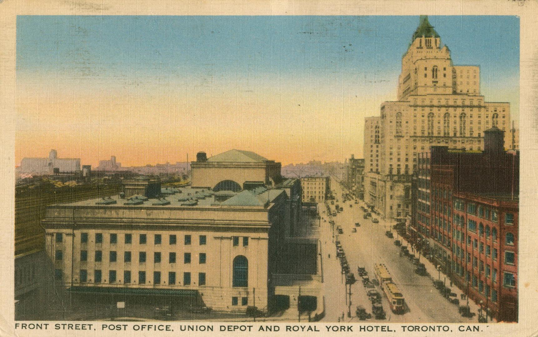 Colour postcard depicting an illustration of Front Street with the Royal York Hotel on the righ ...