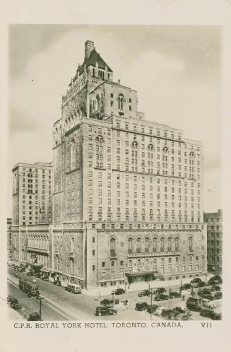 Black and white photo postcard depicting the south-east view of the Royal York Hotel with the c ...