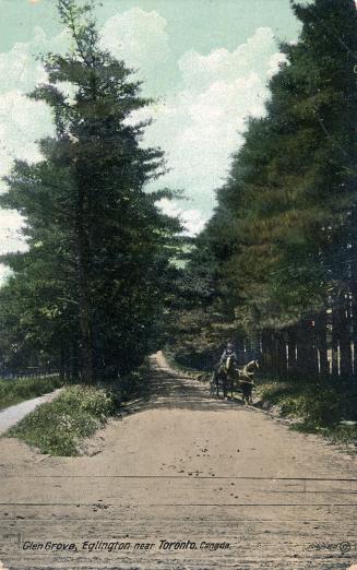 Colorized photograph of a horse drawn on a dirt road in a wooded area.