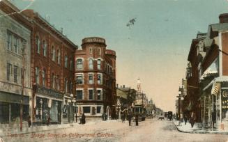 Colorized photograph of a downtown city street.