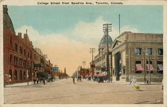 Colorized photograph of three story buildings lining the corner of an urban street.