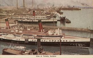 Colorized photograph of a steam boats moored at piers of a busy city waterfront.