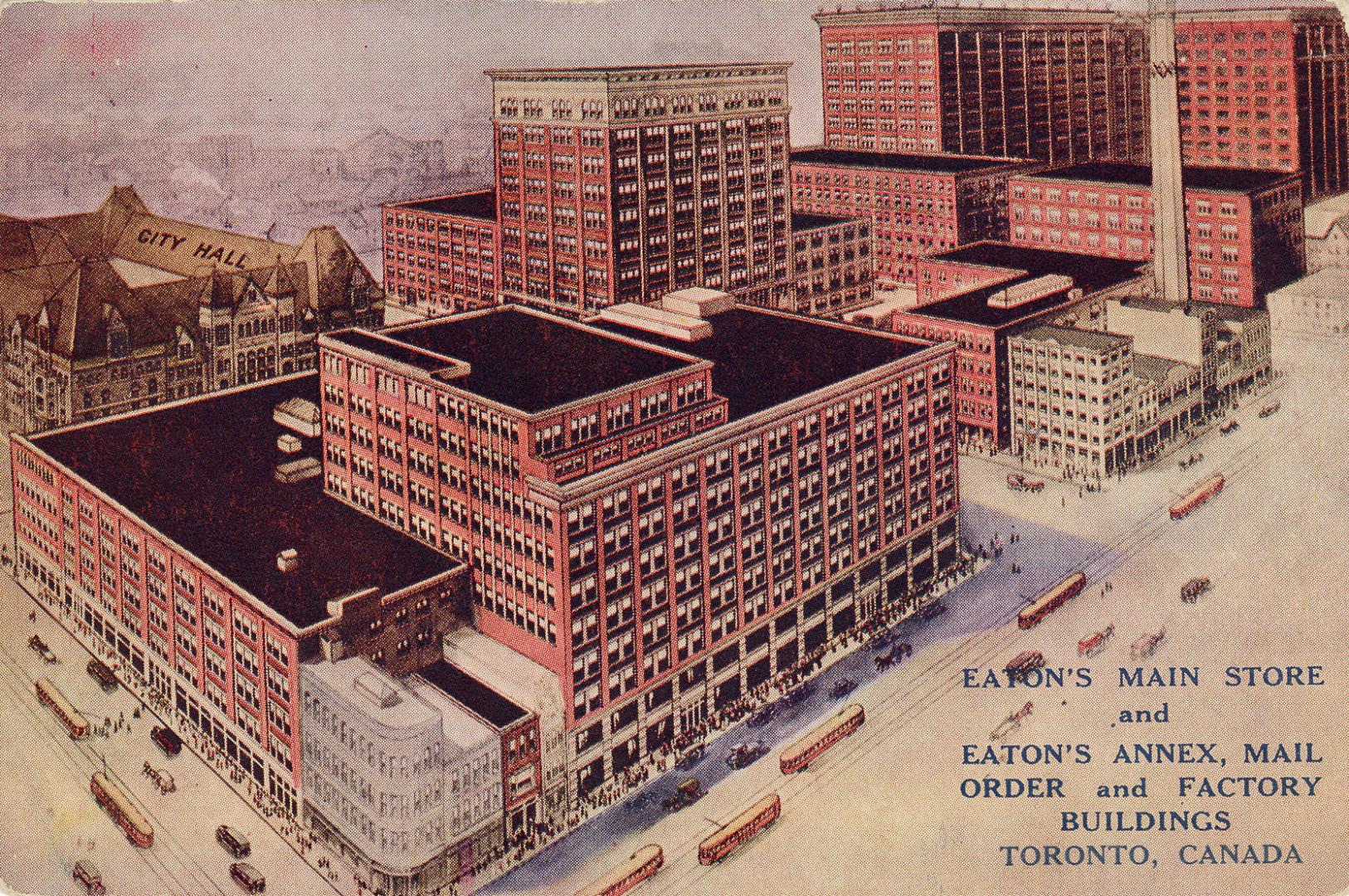 Color drawing of a large retail store and factory complex.