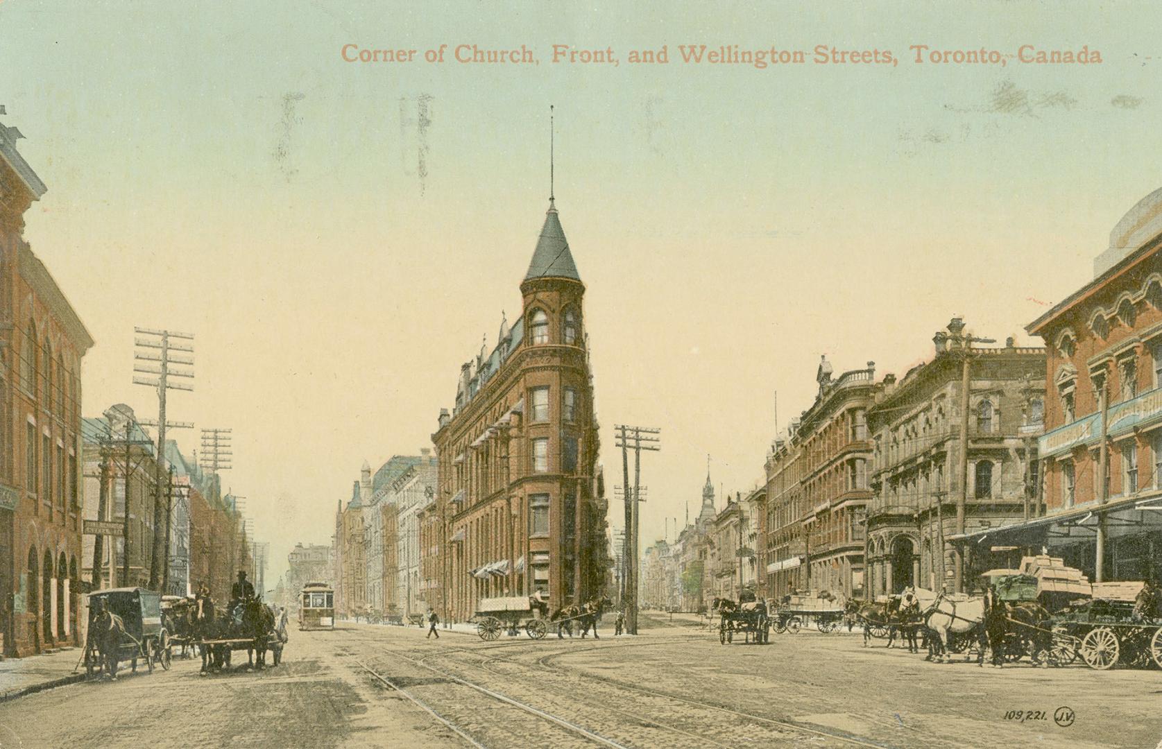 Colour postcard depicting an illustration of the flat-iron building and adjacent streets. The c ...