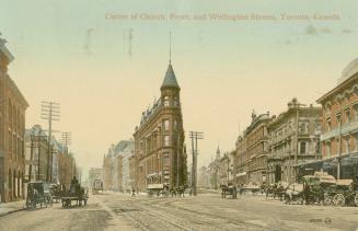 Colour postcard depicting an illustration of the flat-iron building and adjacent streets. The c…