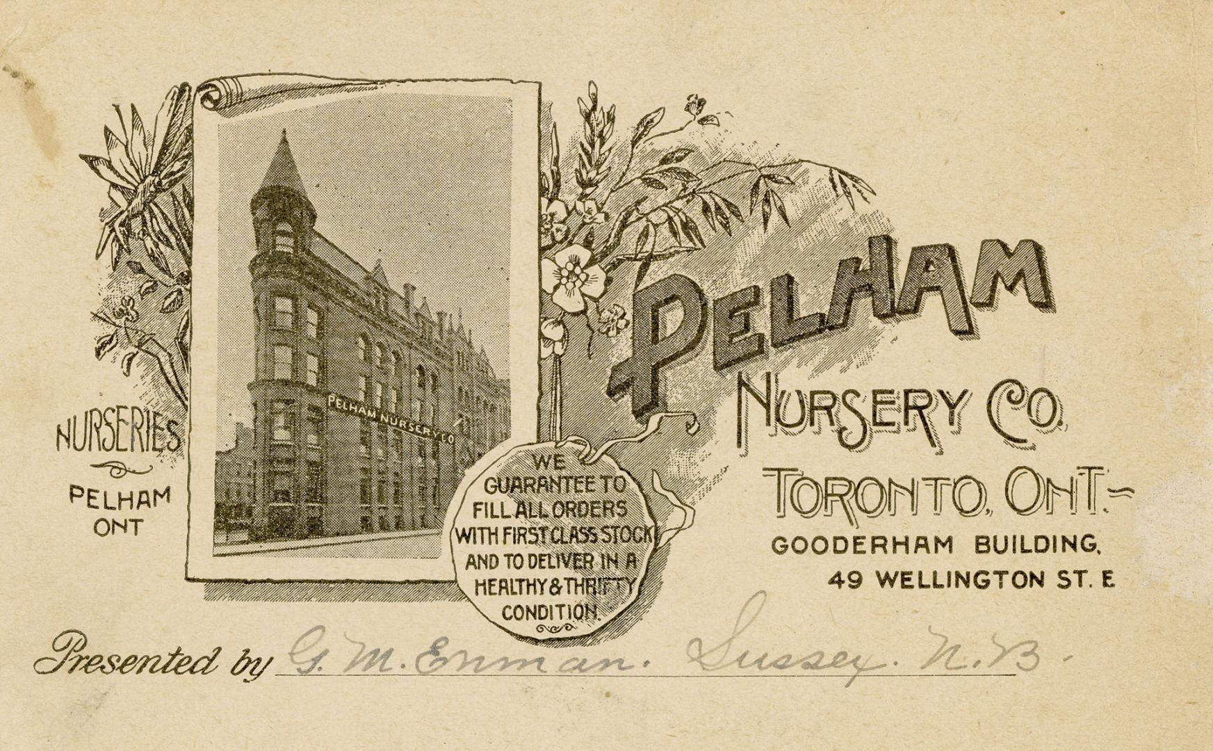 Black and white postcard depicting an inlaid photo of the Gooderham building with sign, "Pelham…