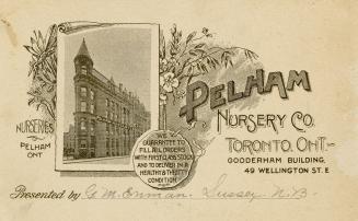 Black and white postcard depicting an inlaid photo of the Gooderham building with sign, "Pelham ...