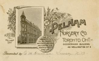 Black and white postcard depicting an inlaid photo of the Gooderham building with sign, "Pelham…