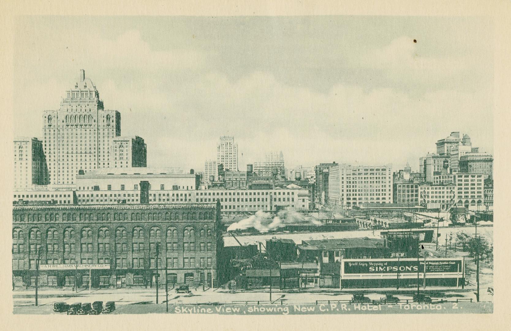 Green-toned photo postcard depicting an illustration of a view of buildings looking north from  ...
