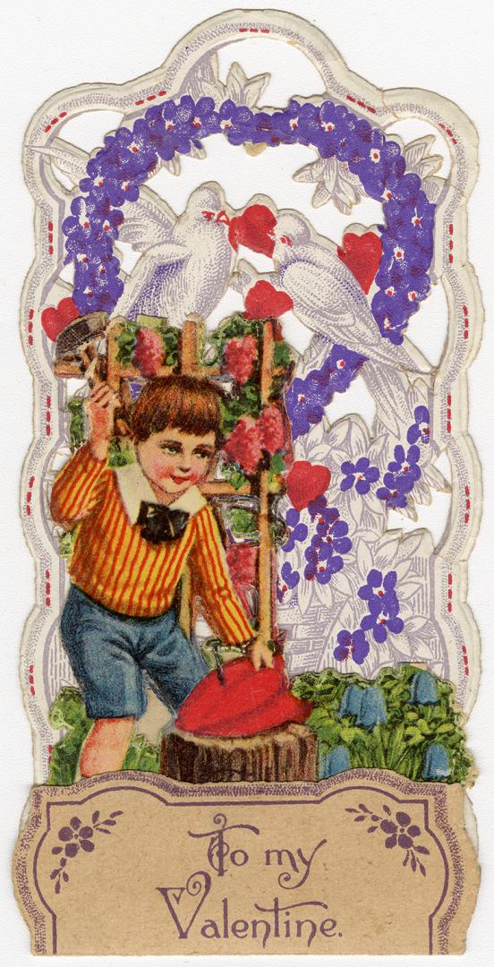 A pop-up card.A boy is pictured using a hammer to nail two hearts together. A trellis in the ba ...