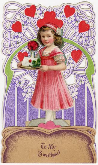 A pop-up card.A girl is pictured holding a tray containing a valentine envelope, a flower, and  ...