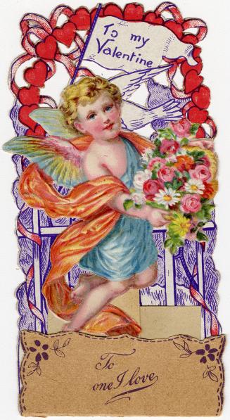 A pop-up card.A cherub is pictured holding a flower bouquet. A dove and hearts are in the backg ...