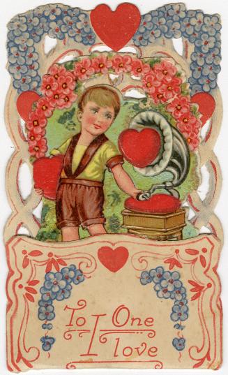 A pop-up card.A child with a phonograph is pictured holding a heart. Pink flowers frame him. Th ...