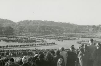 A photograph of a large crowd gathered in a park. There are people standing on a hill in the fo ...