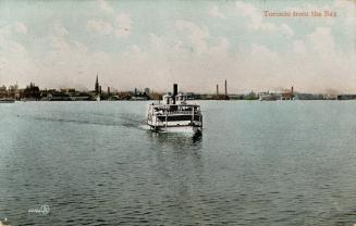Colorized photograph of a ferry boat in the water along the shoreline of a large city.