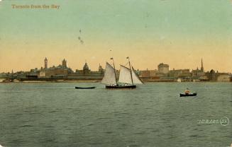 Colorized photograph of canoes and sailboats on a body of water in front of a large city.