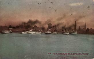 Colorized photograph of the skyline of a large city taken from a body of water. Ferry boats and ...